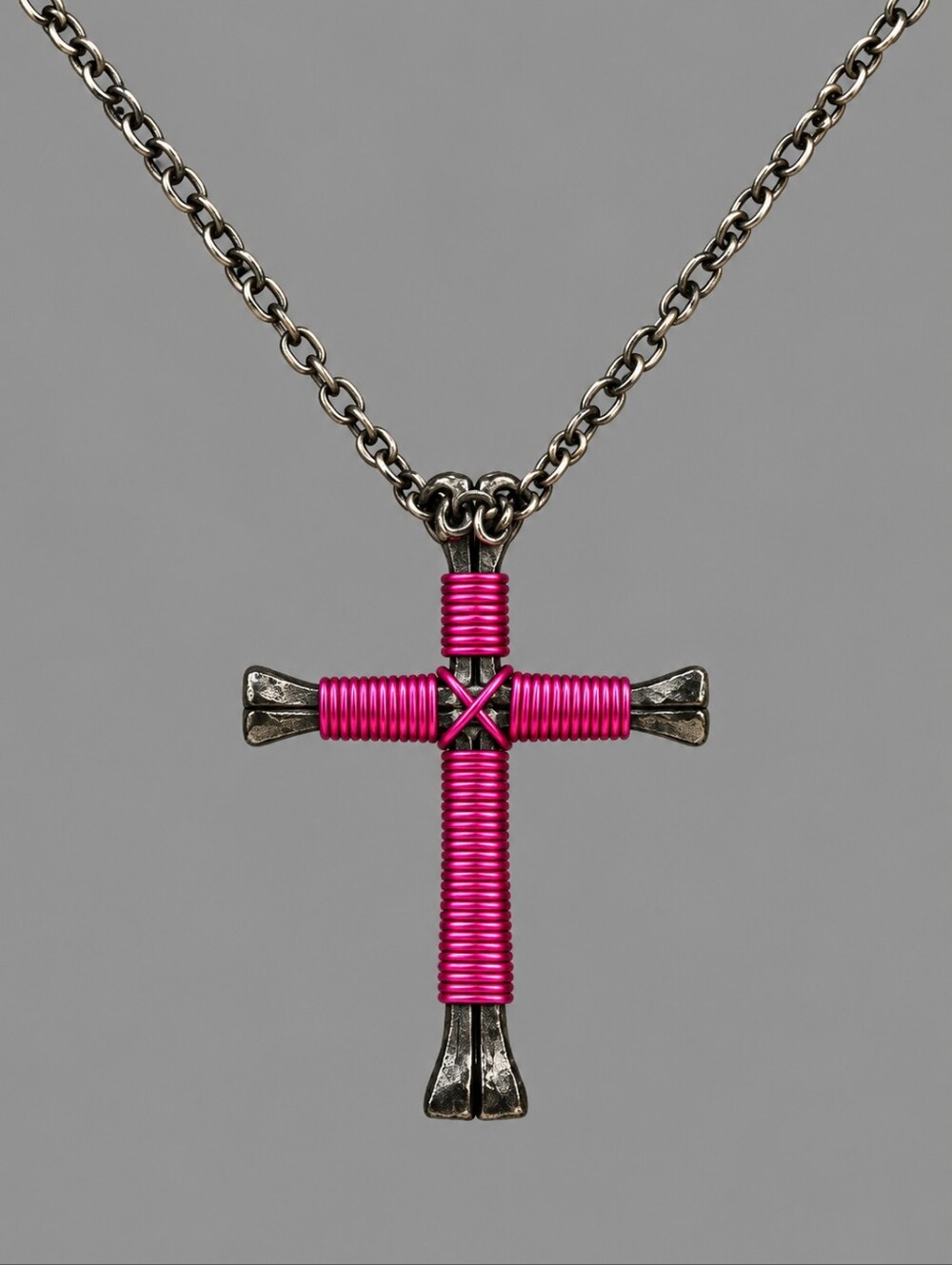 Pink Wire Wrapped Horseshoe Nail Cross Pendant Chain Necklace